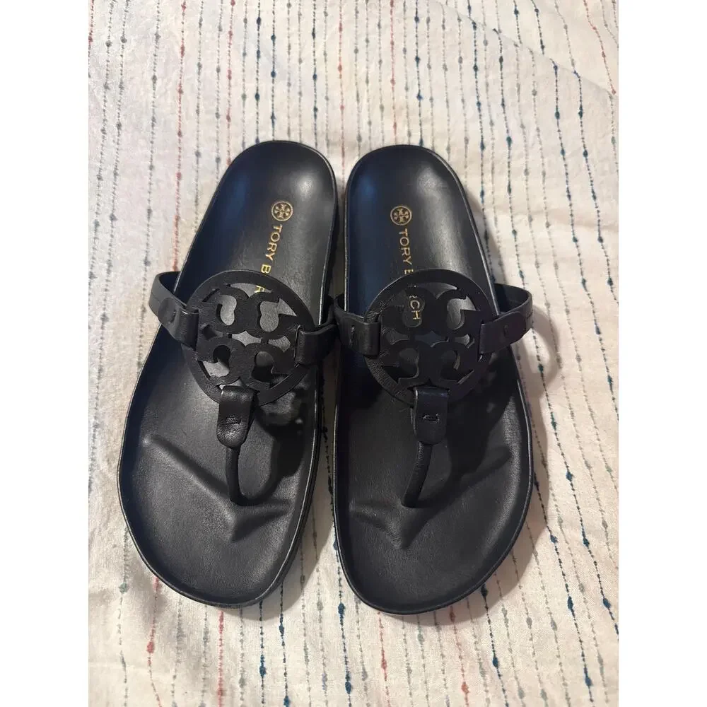 Tory Burch Miller Cloud Thong Sandal Black Leather Size Women’s 8.5